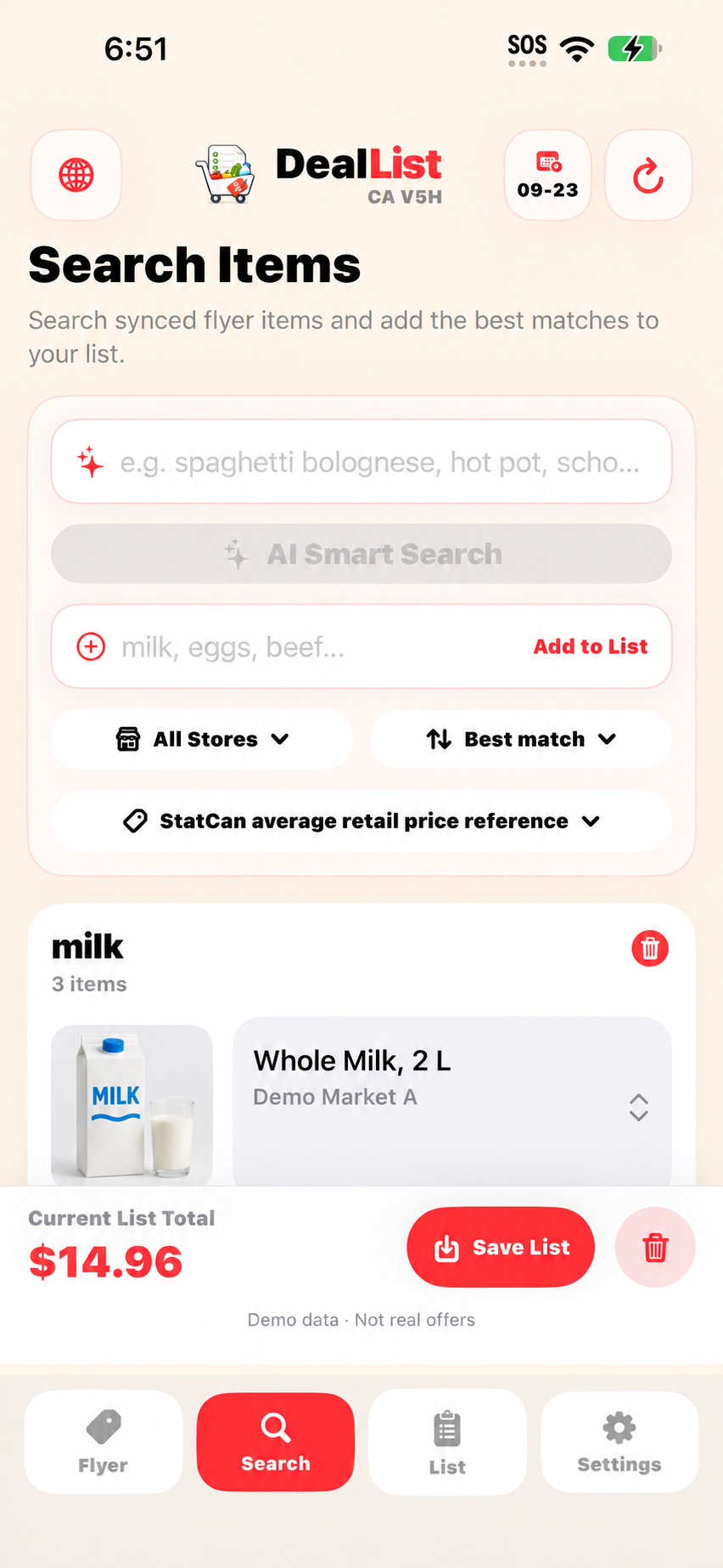 Illustrative DealList iOS search screen with a fictional milk offer